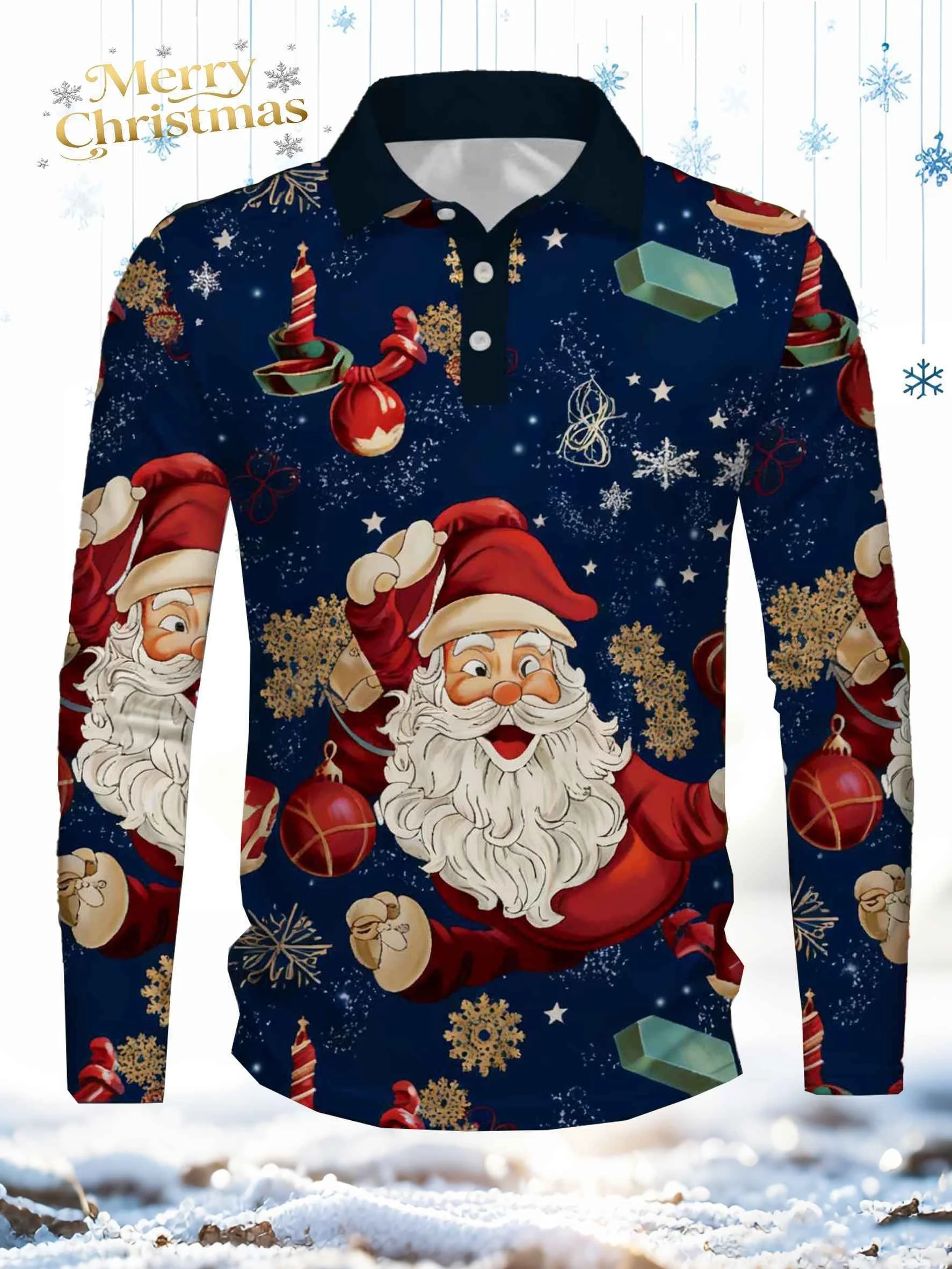 

Men's Long Sleeve Polo Shirts 3D Printed Santa Claus Casual Turndown Top Outdoor Mens Oversized Polo Shirt Streetwear Clothing