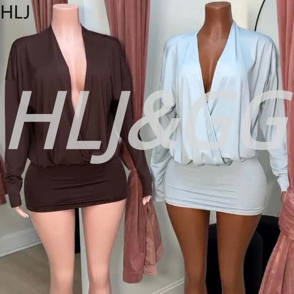 

HLJ Sexy Mesh See Though Irregular Ruched Bodycon Mini Dresses Women Deep V Long Sleeve Slim Vestidos Fashion Solid Dress Street