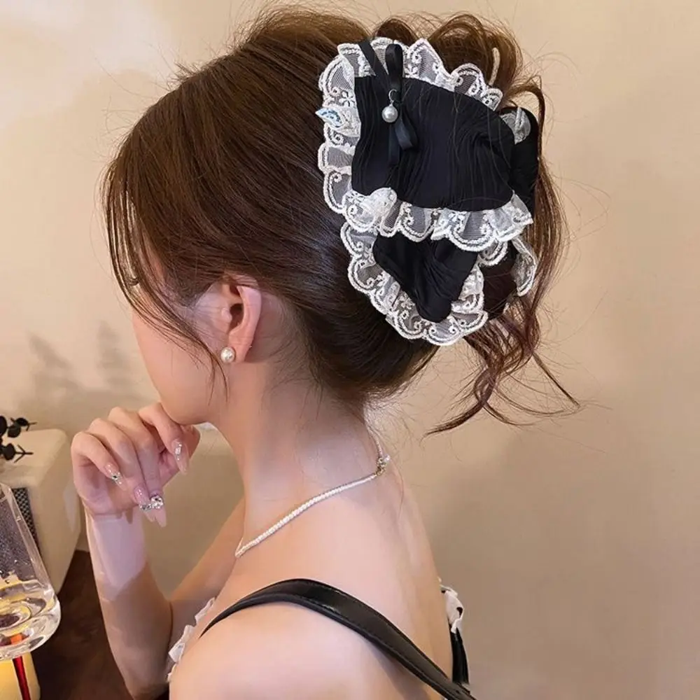 

Creative Polka Dot Cloth Triangle Hair Claw Cute Bowknot Large Shark Clip Korean Style Headdress Pearl Hairpin Girl