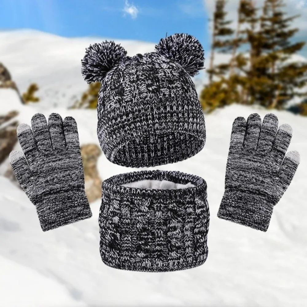 

Cute Pompom Baby Hat Scarf Gloves Set Warm Ears Thickened Toddler Knitted Hats with Velvet Keep Warm Hat Set Christmas Gift