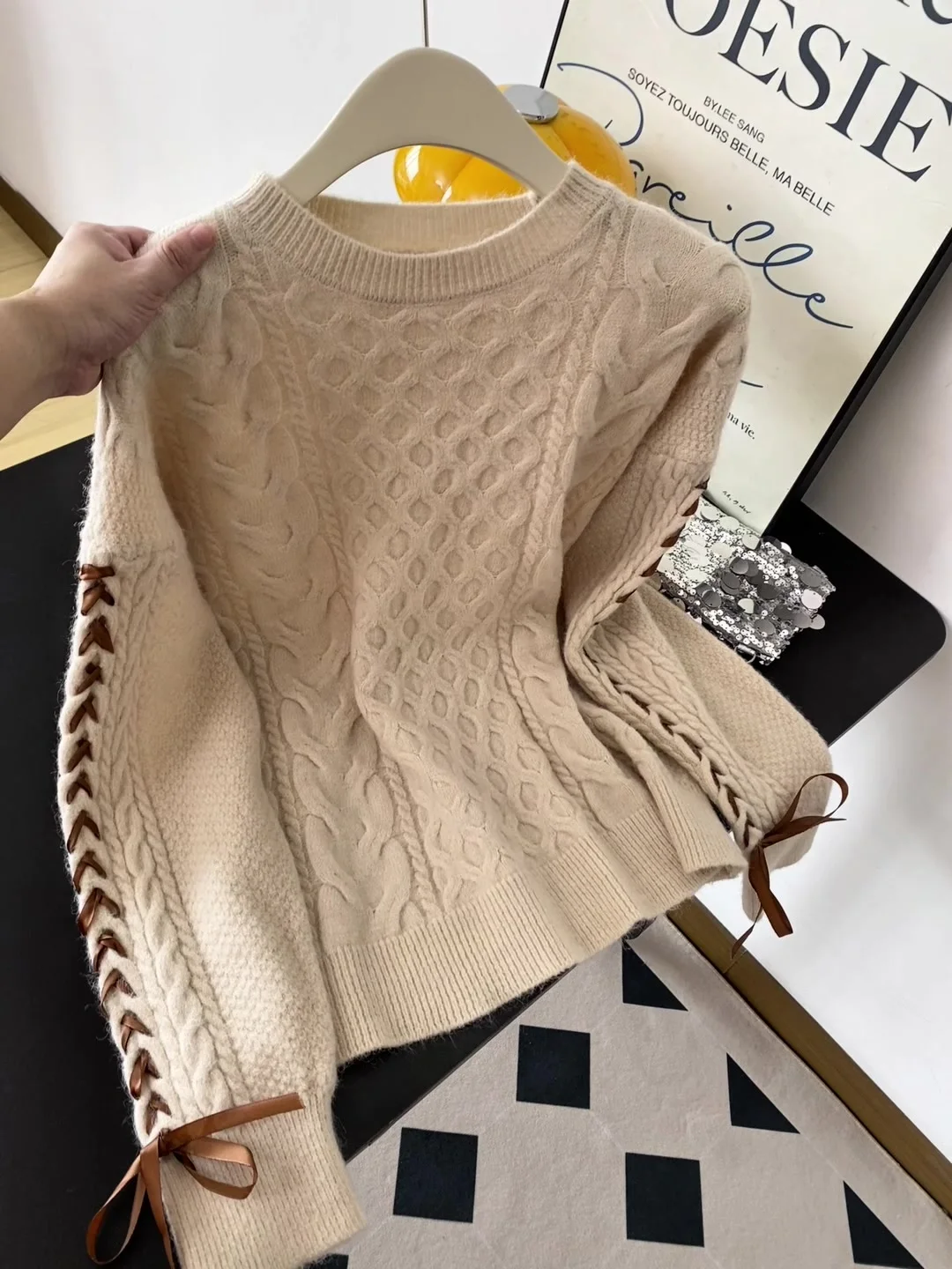 

Ladies ort Knitted Sweater Long Sve Soft Knot Tie Design Autumn Winter Comfortable Casual Sle Pure Color Swe...