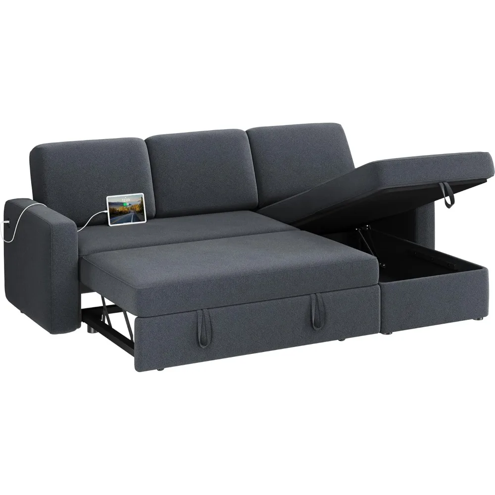 Sectional L-ShapedSofa Couch Bed w/Chaise&USB,Reversible Couch Sleeper w/Pull Out Bed&Storage Space,4seat Fabric ConvertibleSofa