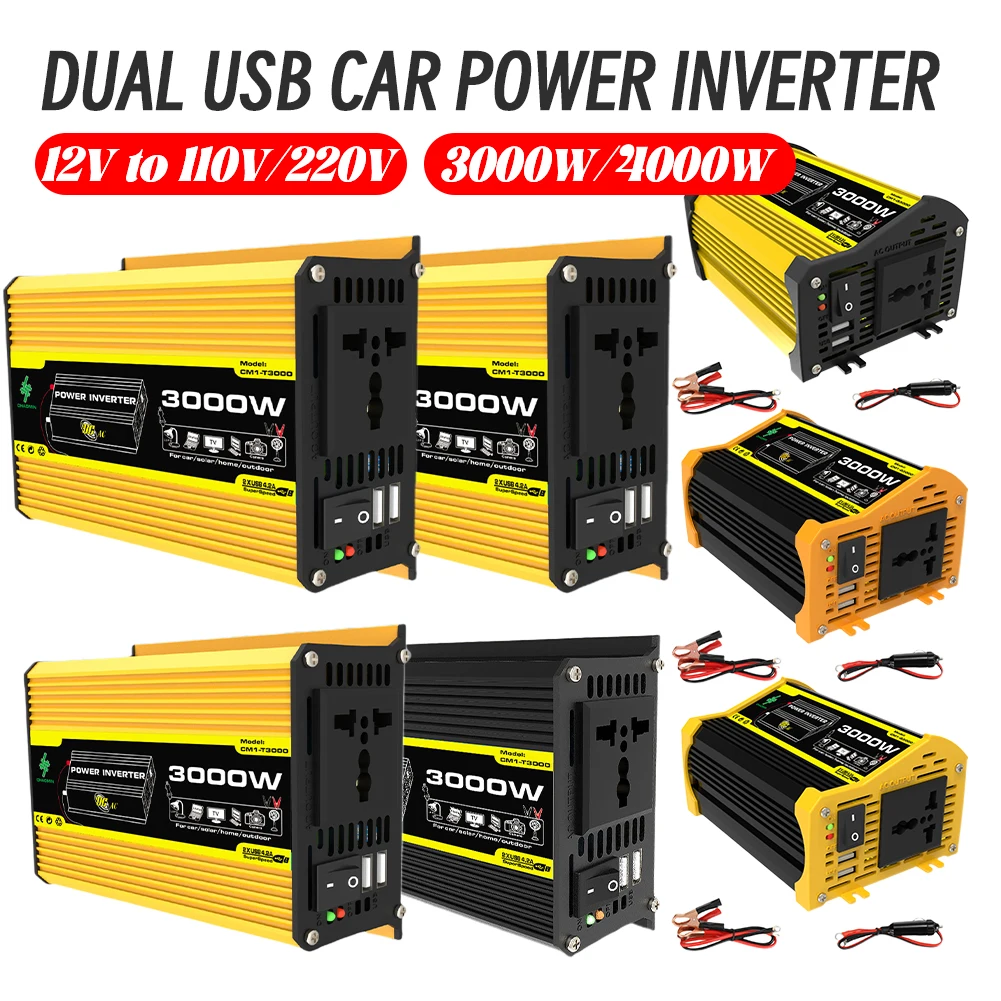 Car Inverter Dual USB 12V To 220V/110V Power Converter LCD Display Intelligent Power Inverter LED Voltage Display for RV Caravan