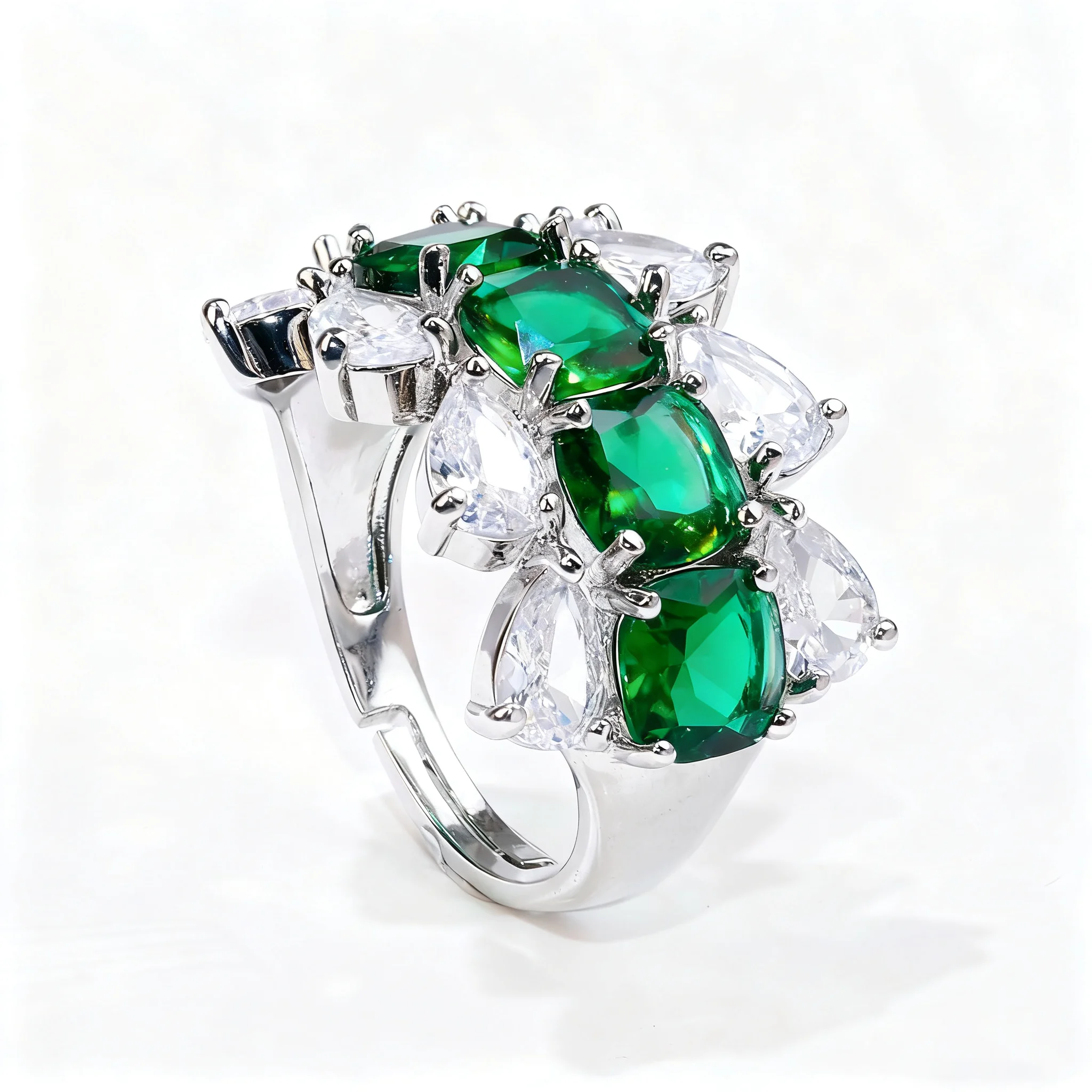 Statement Adjustable Cocktail Ring, Silver Color Large Simulated Emerald Sparkling Cubic Zirconia, Luxury Jewelry Gift for Women