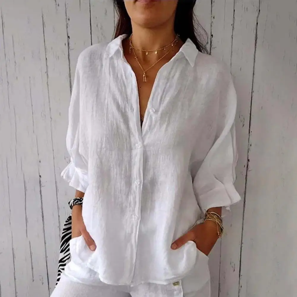 

Elegant Chic Women's Blouse Casual Top 3/4 Sleeve Single Breasted Shirt Back Slit Bow Tie Loose Shirt blusas para mujer