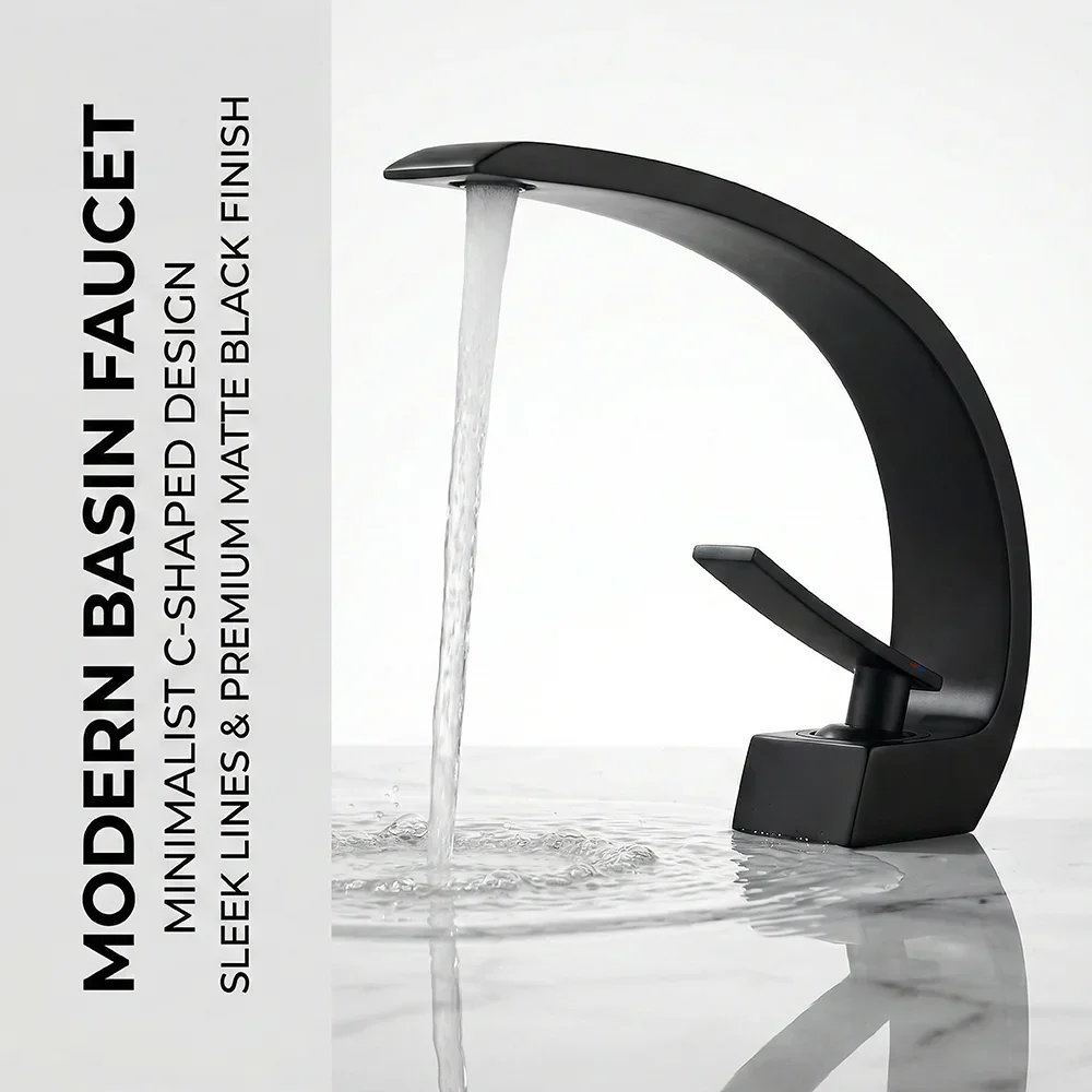 

Matte Black Bathroom Faucet, Aluminum Alloy Modern C-Shaped Waterfall Spout Single Handle Basin Mixer Tap, Deck Mount Hot Cold W