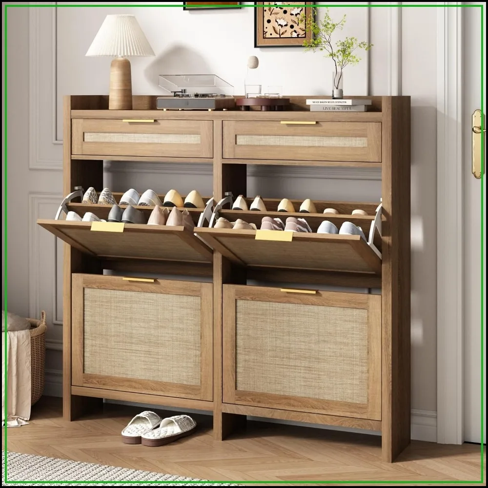 Large Rattan Shoe Storage Cabinet with 4 Flip Drawers & 2 Storages