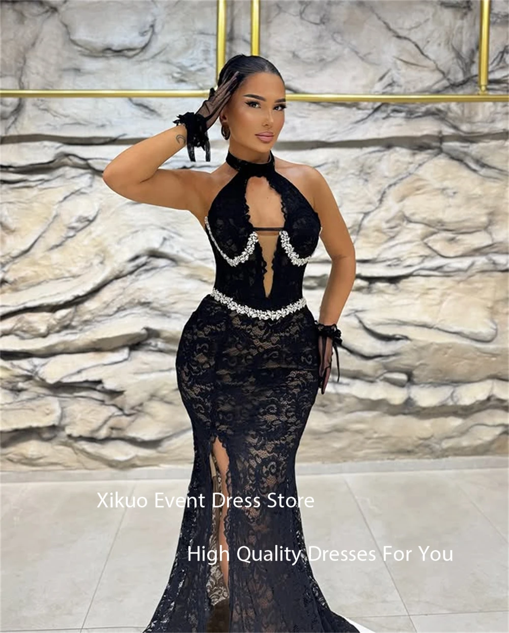 Xikuo Graceful Black Lace Evening Dresses Mermaid Crystal Pleated Party Gowns Appliques High Side Slit Robe De Soirée Customized