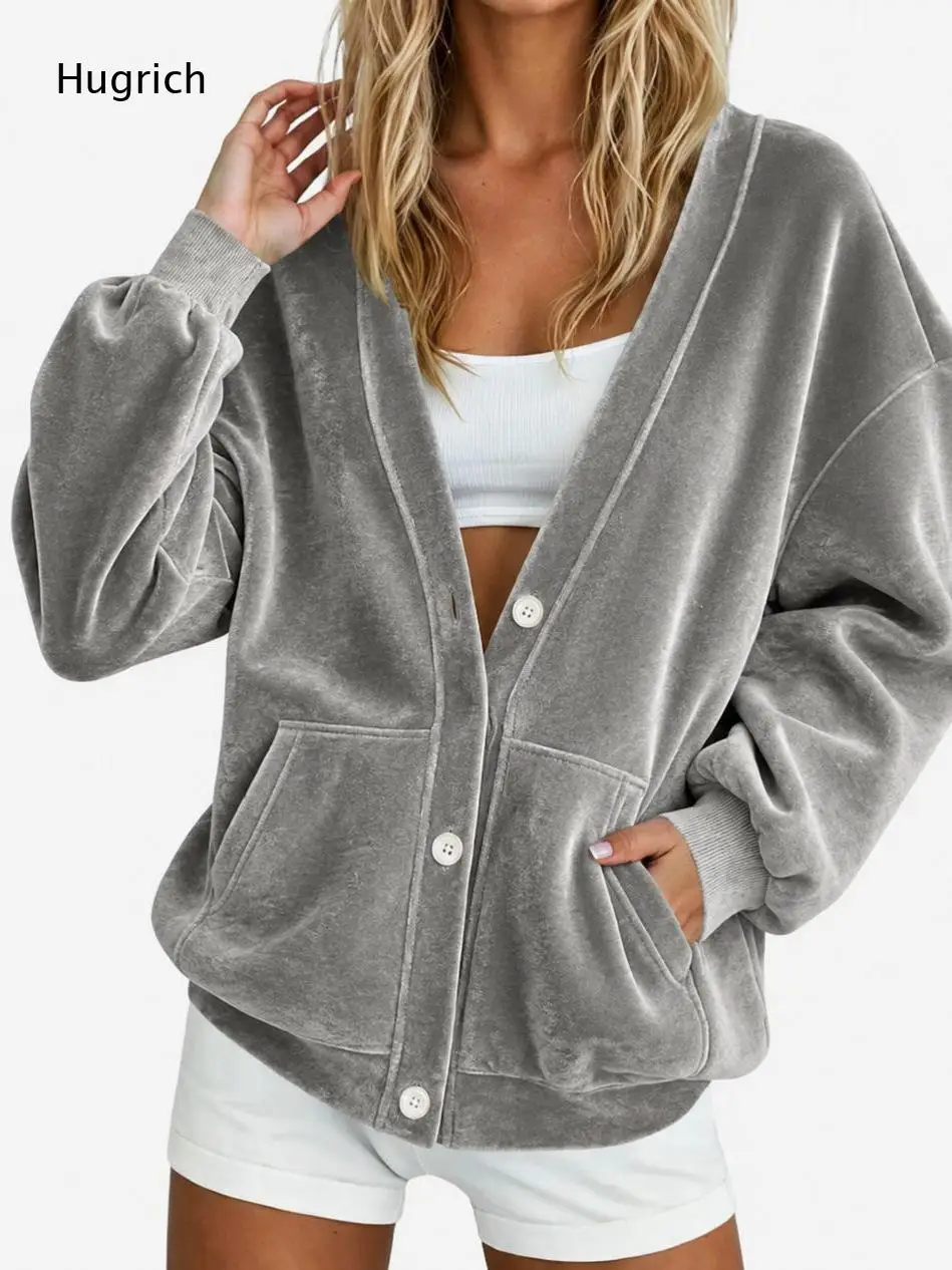 Ladies Soft Velour VNeck Button Front Cardigan Long Drop Shoulder Sleeve Oversized Loose Fit Coat with Big Pockets Daily Top