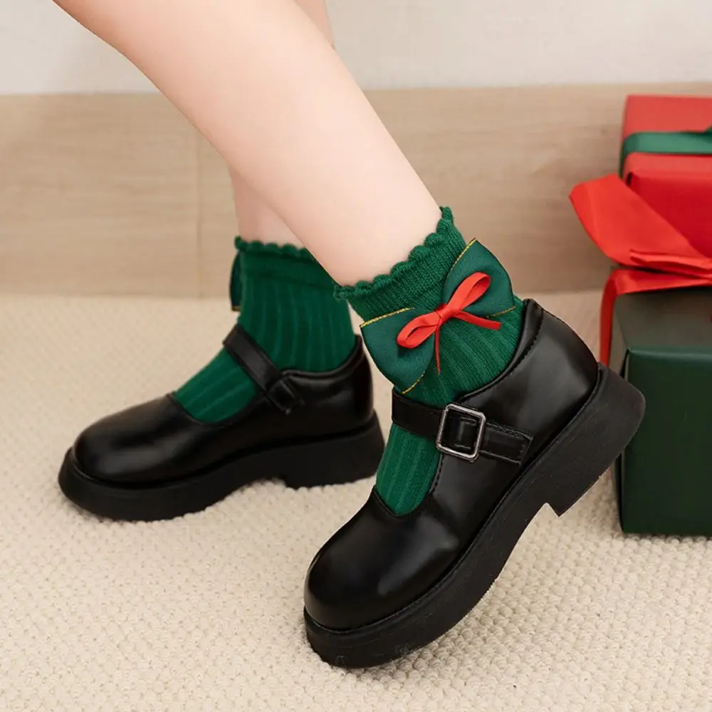 Cute Red Green Children Christmas Socks Antlers Bowknot Cartoon Socking Hosiery Stripe Kid Cotton Socks Christmas