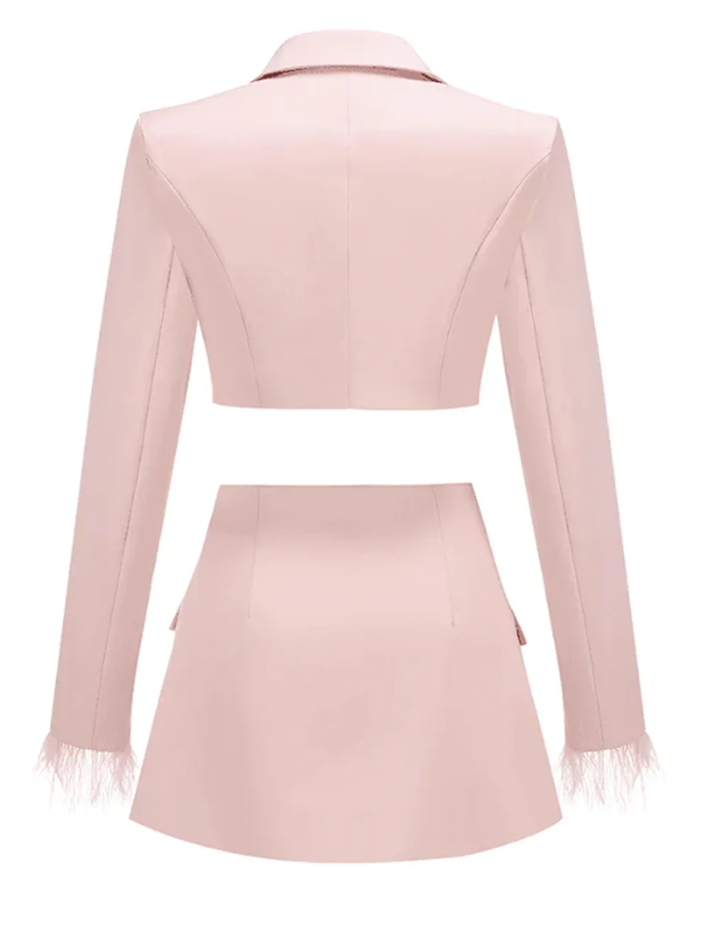 Modphy Elegant Pink Feather Women's Suit Set Elegant Notched Short Blazer+High Waist Mini Skirt Two Piece Set