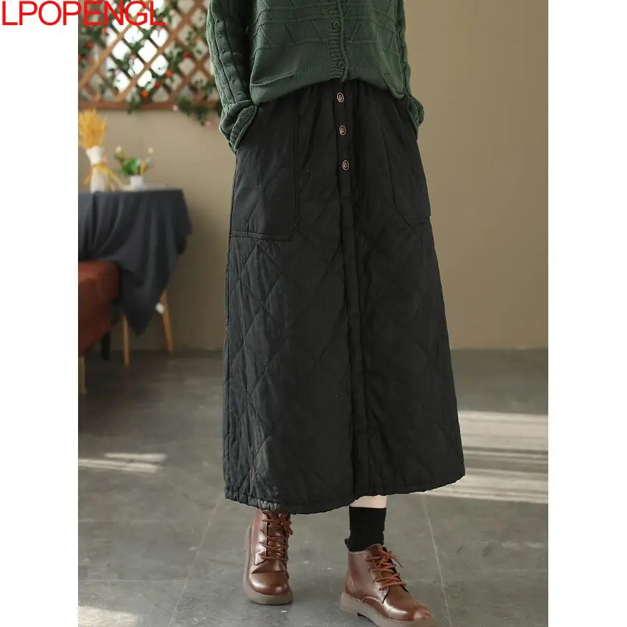 Ethnic Style Retro Winter Rhombic Cotton Thickened Skirt Female Solid Color Literary Versatile Warm Elastic Waist Straight Skirt