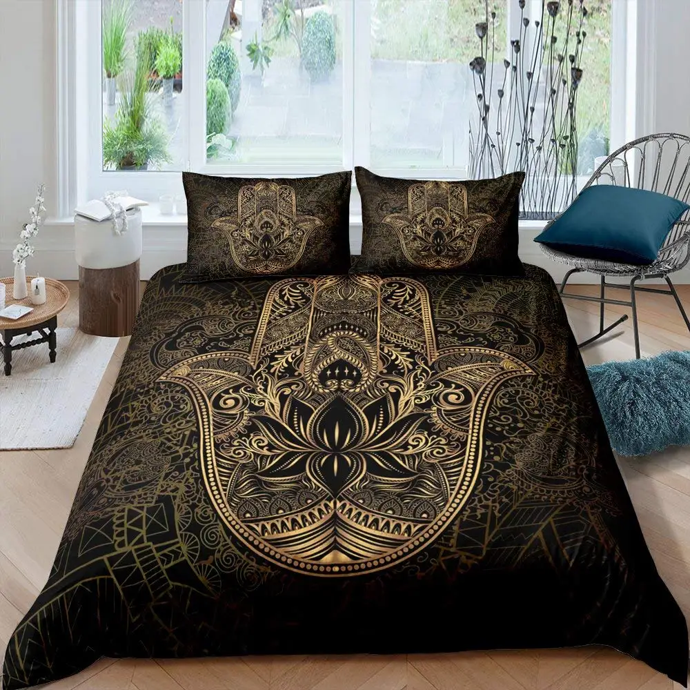 

Black - and - Gold Bohemian Hamsa Hand Duvet Cover Set: Golden Lucky Hand of Fatima Print. Includes 2 Pillowcases