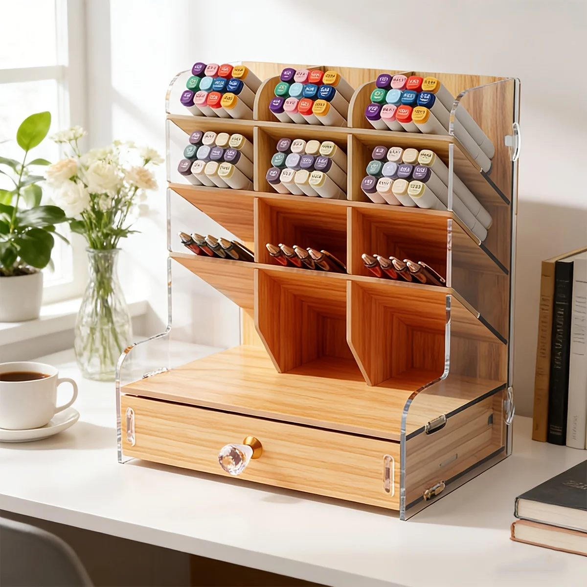 Wooden Desk Organizer with Drawer, Multi-Compartment Marker Holder for Office & Art Supplies view 5