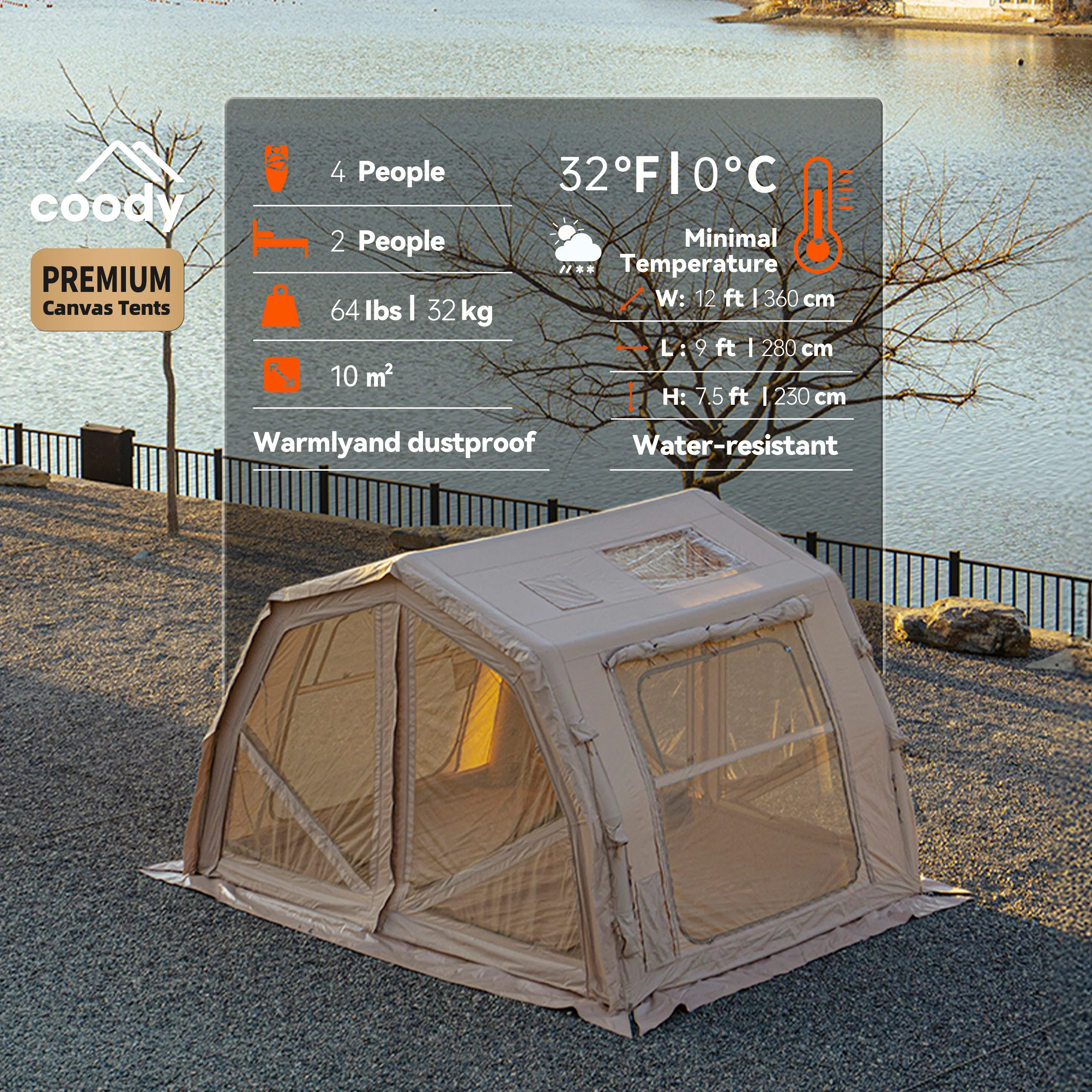 

Надувная палатка Coody 10.0 Pro Air Tent-Beige для семьи, быстрая доставка, для активного отдыха, вместимость 2-4 человека, водонепроницаемая, хлопковая, для кемпинга