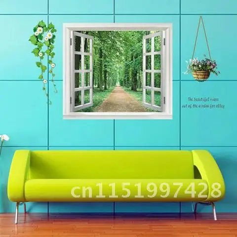 Forest style bedroom living room background removable decoration diy decals art 3D stickers false windows landscape wall sticker