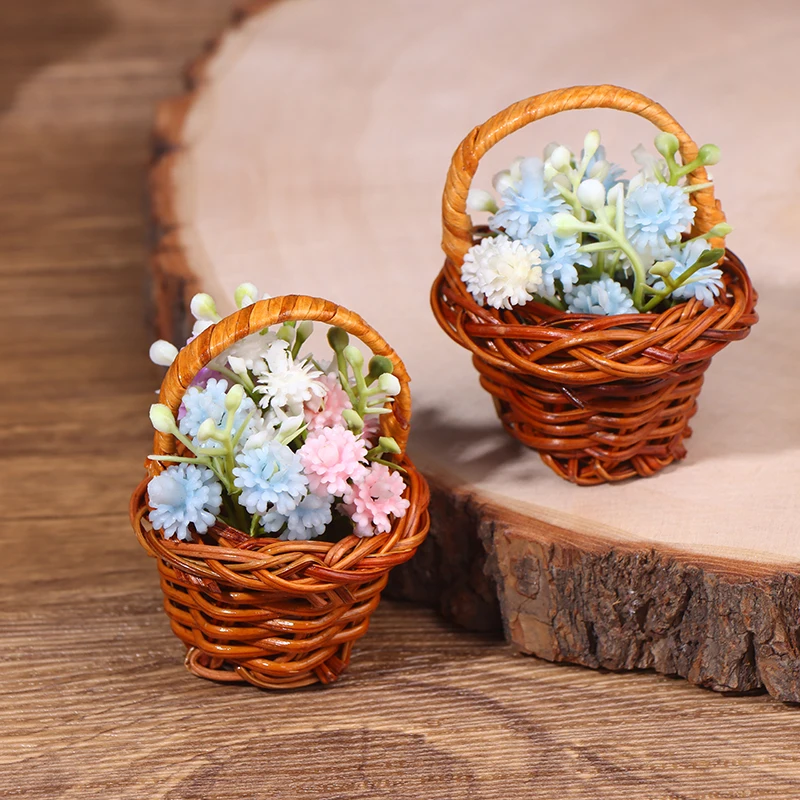 1Set 1:12 Dollhouse Miniature Woven Flower Basket Hand Storage Basket Model Kitchen Accessories For Doll House Decor Kids Toys