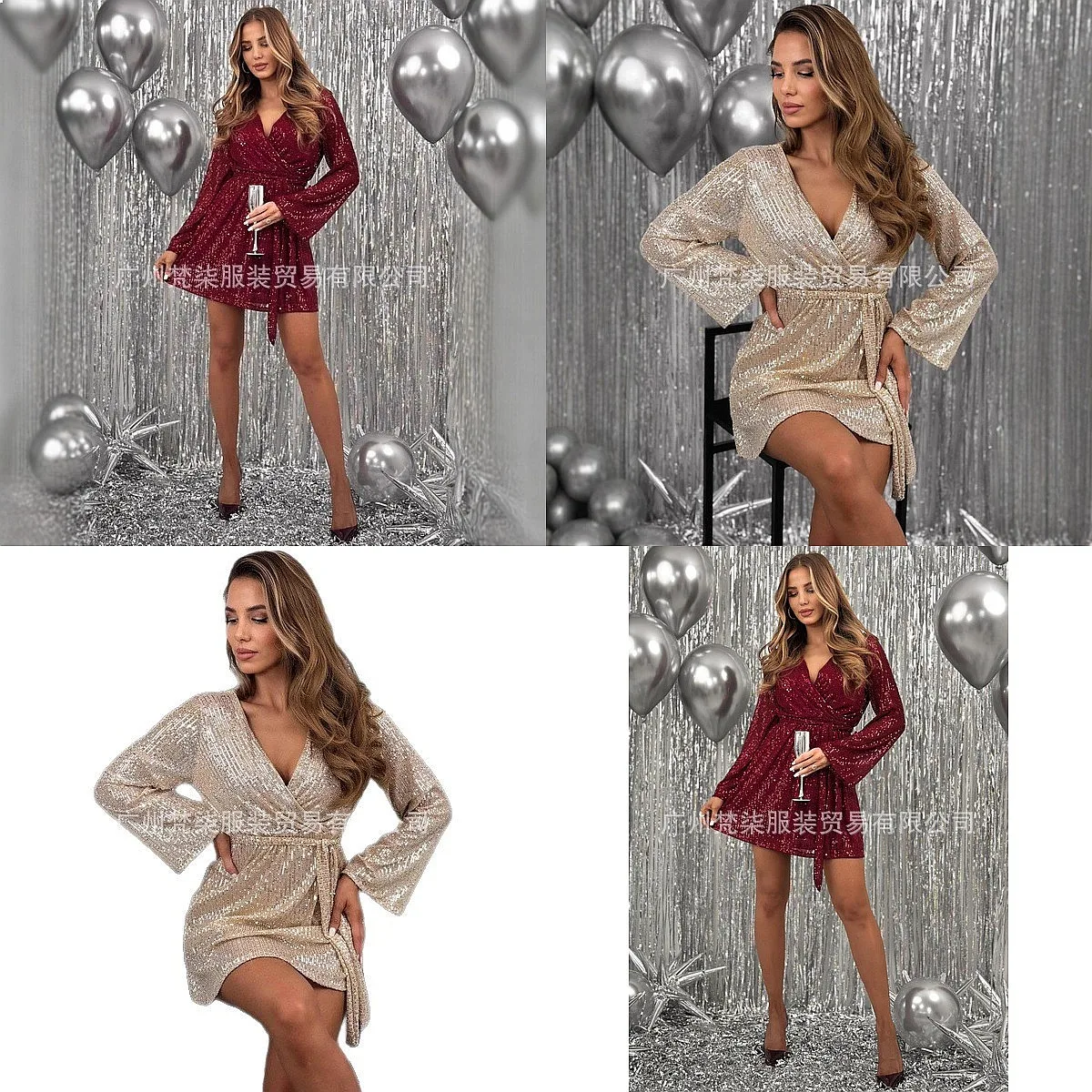 

Sequins V Neck Long Sleeve Belt Short Dress Evening Dress Dresses Spring Summer