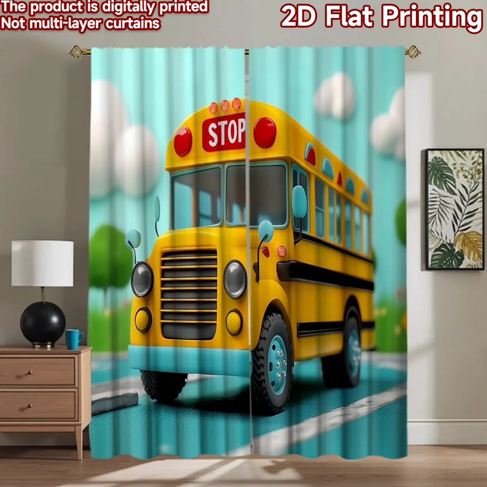 2D flat 2pcs Curtain Vintage drapes and curtains Yellow School Bus Digitally printed polyester Festive Holiday for Oversized