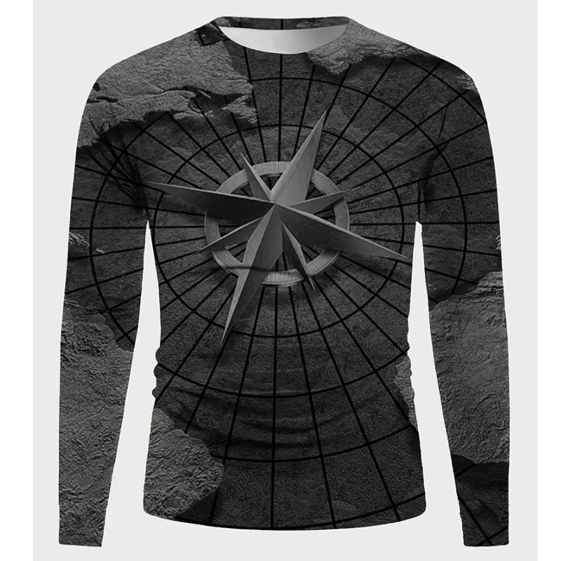 

Autumn Trend 3D Compass Pattern Printed Men's Long Sleeve Tshirts Vintage Casual Crew Neck Top Fashion Breathable Male Pullover