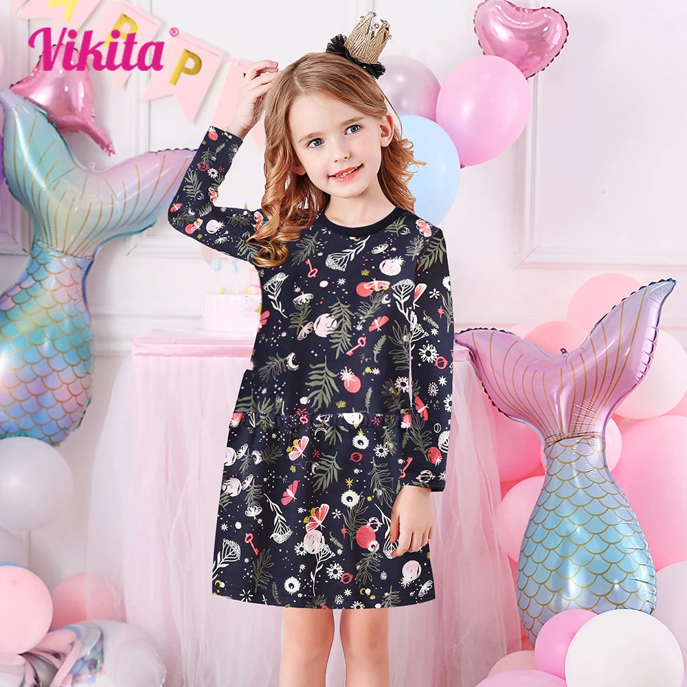 VIKITA Kids Floral Print Dress Girls Long Sleeve Autumn Spring A Line Dresses Girl Cotton Casual School Daily Dress Kids Clothes