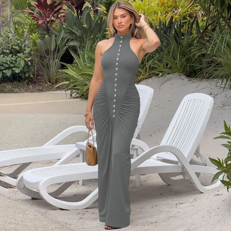 티켓엑스 패션 루치드 슬림 드레스 솔리드 뉴 라운드넥 버튼 슬리브리스 롱 드레스 여성 빈티지 백리스 비치 휴가 드레스