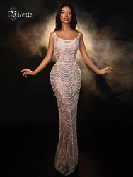VC Apricot Sequins Mermaid Long Dress For Women Strapless Pearls Sequines Beaded Sparky Maxi Celebrity Evening Party Gowns