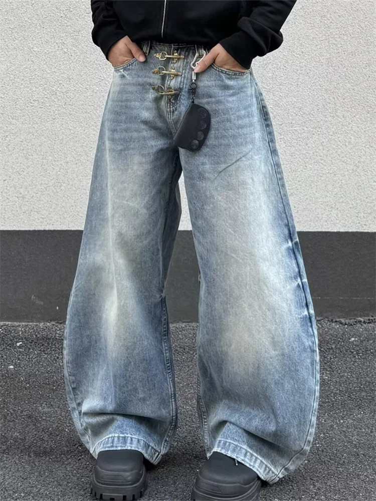 

American Vintage Washed Distressed Curved Hem Jeans Unisex Relaxed Wide Leg Trousers Slim Fit Floor Length Casual Denim Pants