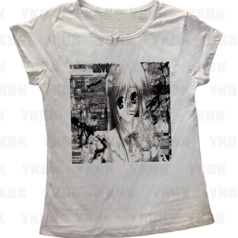 Harajuku النساء Y2K الشارع Harajuku موضة حار فتاة رداء علوي غير رسمي الصيف الرجعية القوطية الأبيض طباعة قميص الانمي فتاة حار ايمو