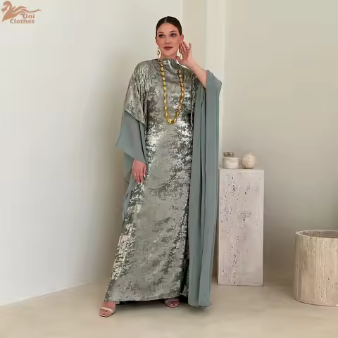 Uni New Dubai Luxury Woman Evening Dress Mesh Dolman Sleeve Kaftans Woman Gold Stamping Abaya 2025