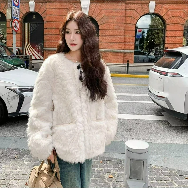 Umweltfreundlicher Pelz-Rundhalsausschnitt, einreihiger Kurzmantel für Damen, 2026, Herbst und Winter, modisch, elegant, floraler Fuchs, Nerz, warme Jacke