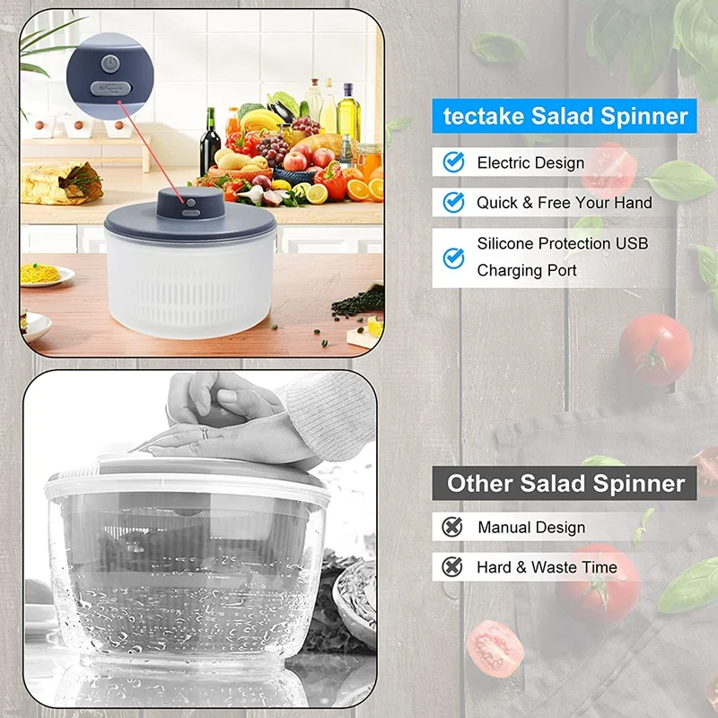 Electric Salad Spinner-Lettuce Vegetable Dryer, USB Rechargeable, Quick Drying Lettuce Fruit Spinner Material Bowl