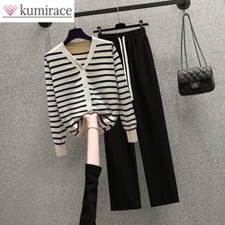 Autumn Striped Patchwork V-neck Knitted Sweater Cardigan Casual Wide Leg Pants Two-piece Set Fashionable Women's Pants Set Outfi