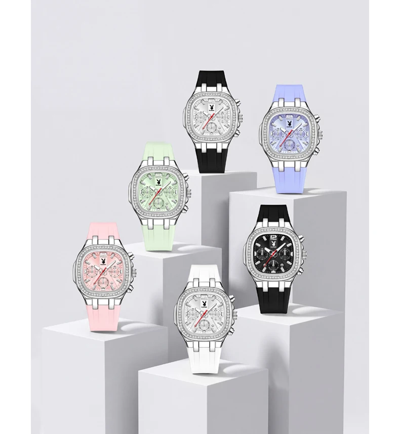 PLAYBOY 3076 Chronograph Quarzuhren für Damen Wasserdicht Leuchtend Elegantes Silikonarmband Diamantlünette Luxus Damenuhren – Detail 3