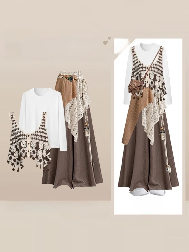 

Autumn Travel Casual Outfit Set Long Sve T-irt Plaid Crop Top Women Slimming Casual Skirt Pants High Waist Cheered