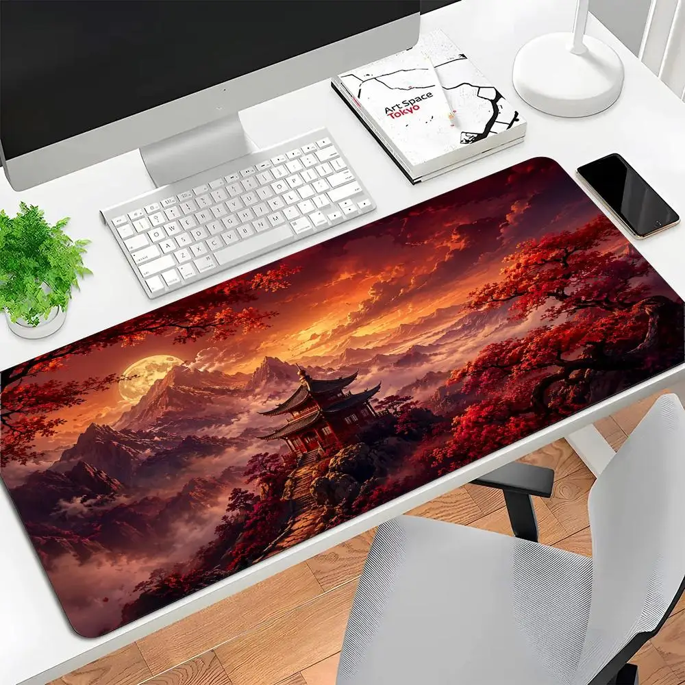 Soft dusk oversized desk mat pink sunset lake cliff pavilion layout high density  stable anti-slip fit laptop gaming mouse pad