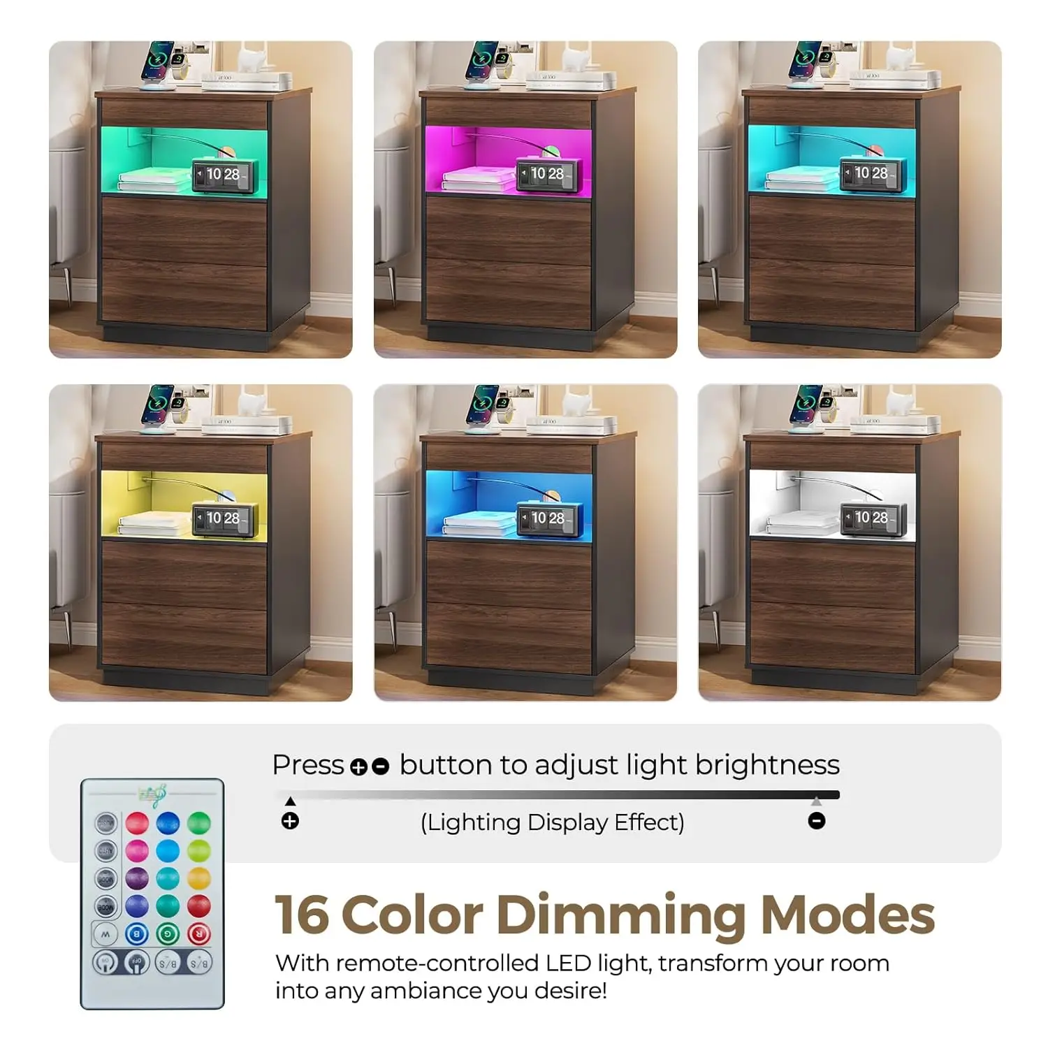 Locking Nightstand Hidden Compartment USB Type-C LED Bedside Bedroom Rustic Brown Customized
