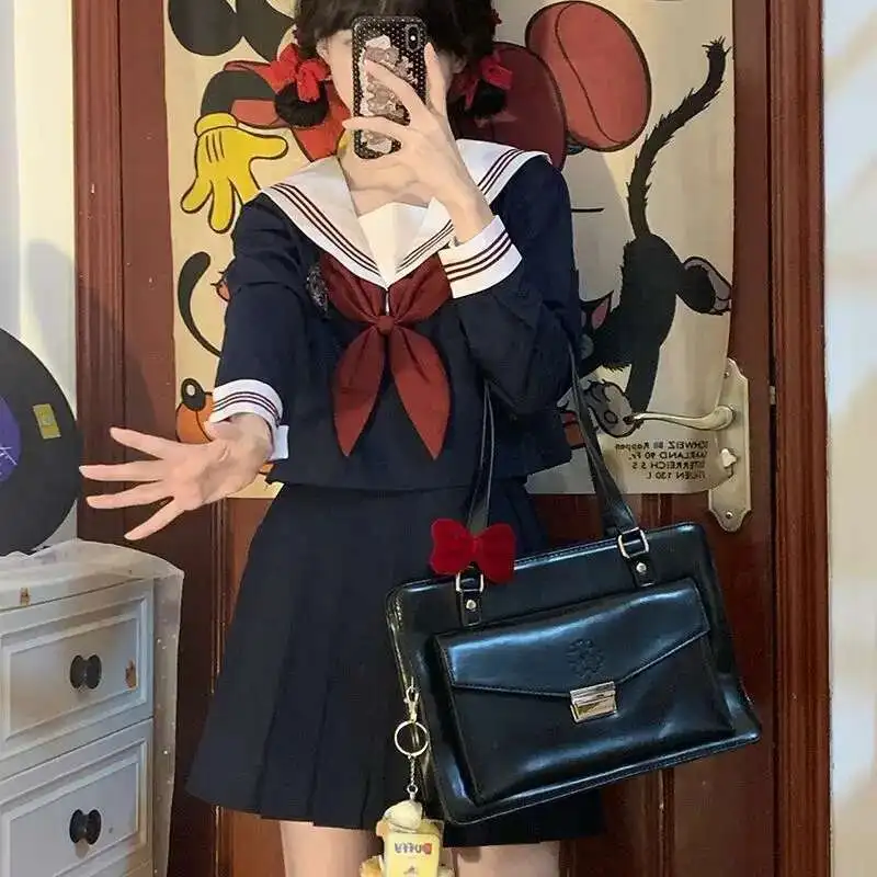 

Japanese Campus Style Long Short Sleeve Sailor Uniform Skirt Sailor Collar Dark Blue Set Daily Girl Sweet Kawaii Jk Uniform