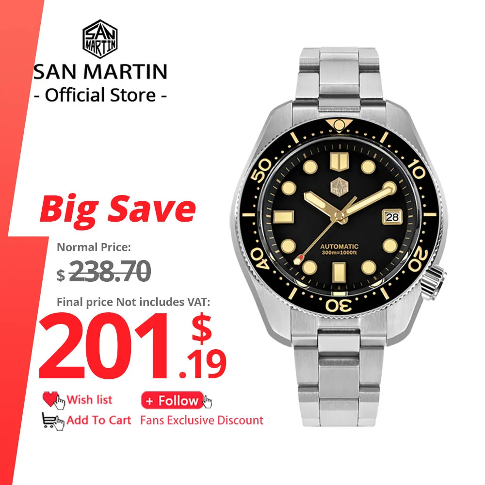 

San Martin 44mm Men Diver Watch Vintage MM300 Gilt Dial Sport NH35 Automatic Mechanical Sapphire Waterproof 300M C3 Lume SN0087