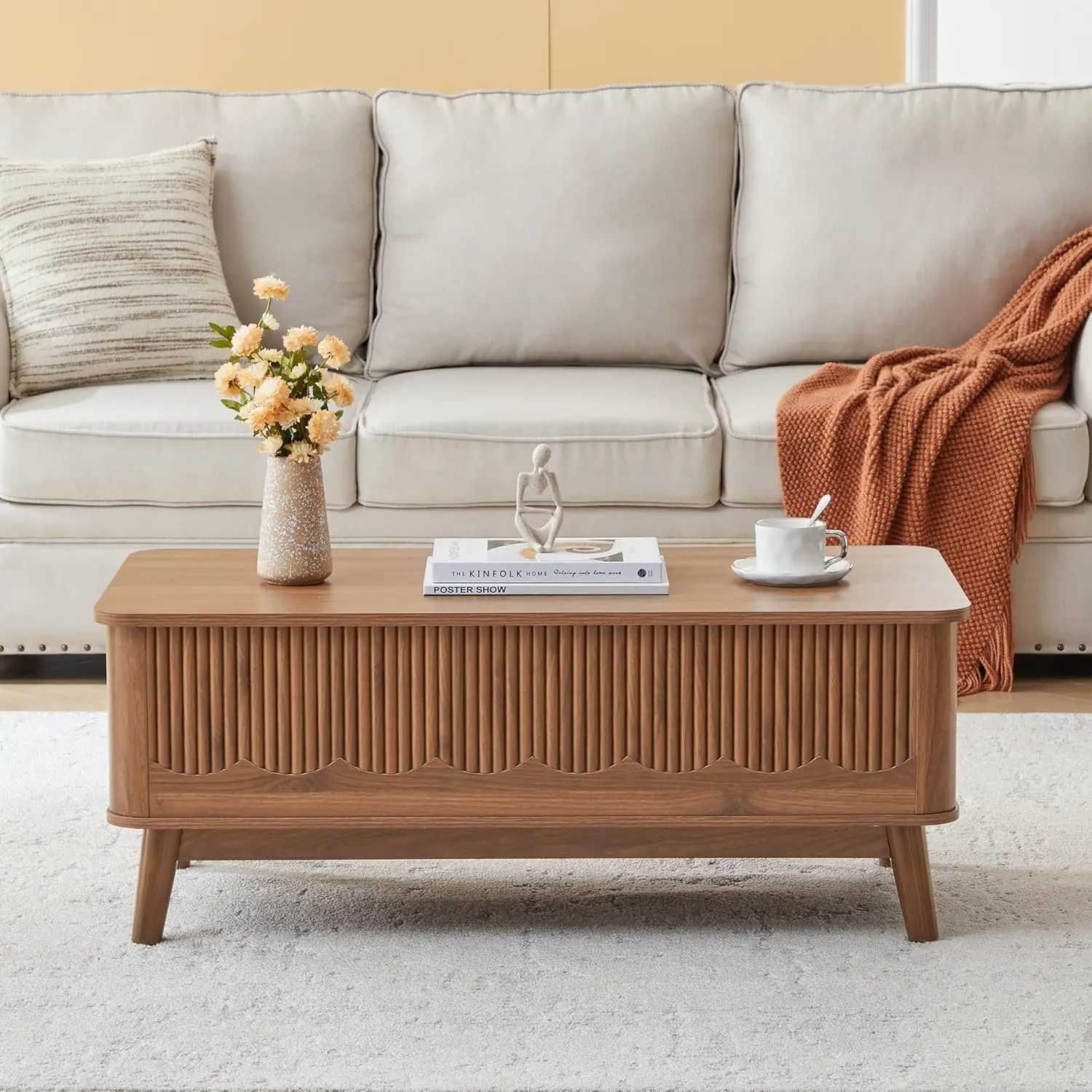 #Lift Top Coffee Table Hidden Storage Mid Century Fluted Wave Profile Rising Rectangular Living Room Walnut Customized