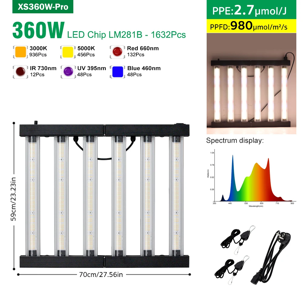 360 W 640 W 720 W Volledig spectrum 180 °   Opvouwbare LED-groeilicht AC100-277V LM281B Dimbare fytolamp voor het planten van kweektenten