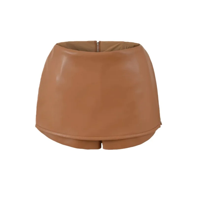 Mini falda pantalón con cremallera lateral bidireccional RA con cremallera lateral cubierta de Pu para mujer