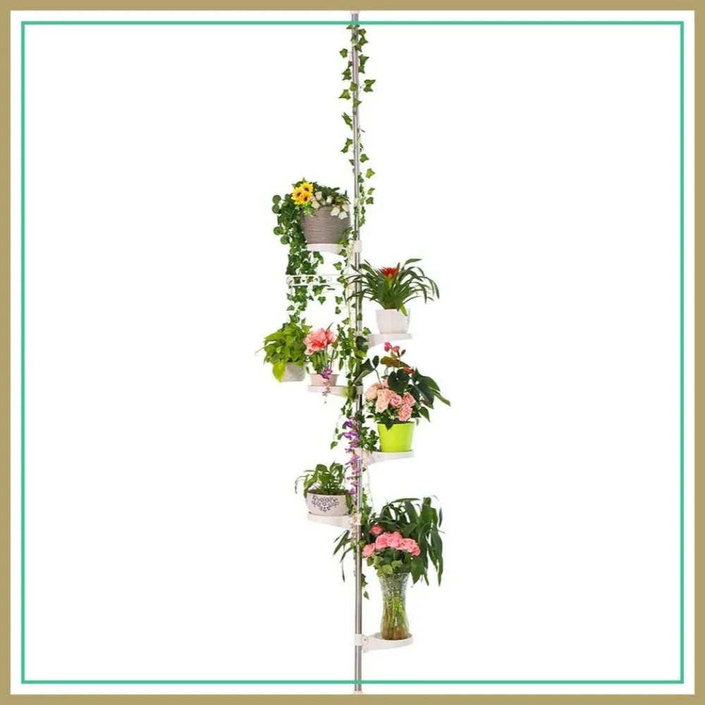 

7-Layer Indoor Plant Stand Spring Tension Pole Metal Flower Display Rack Space Saver Corner Shelf Ivory