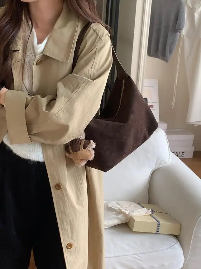 

Retro Velvet Dumpling Bag Simple Commute Deer Skin Velvet oulder Handbag Trendy Autumn Winter Korean Sle Crossbody Bag