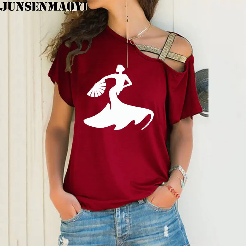 Flamenco Dance Cartoon Summer Woman T shirt Dancer Print Tee T-shirt Women Top Short Sleeve Irregular Skew Cross Bandage t shirt