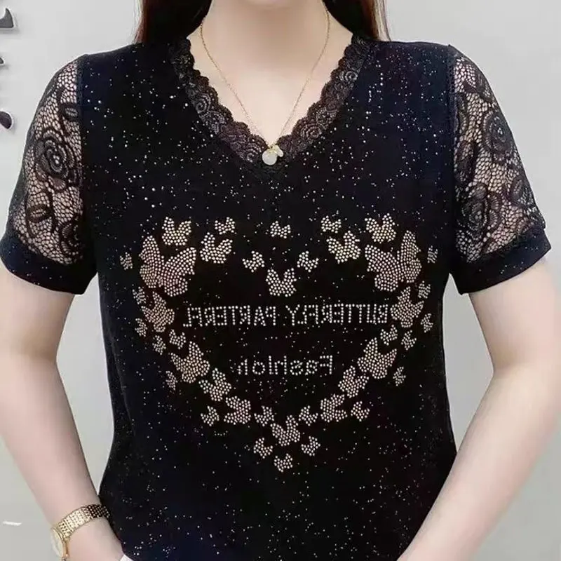 Fashion Diamonds Sequined Shirt 2023 Summer Short Sleeve Elegant V-Neck Lace Spliced Women\'s Clothing Hollow Out Loose Blouse