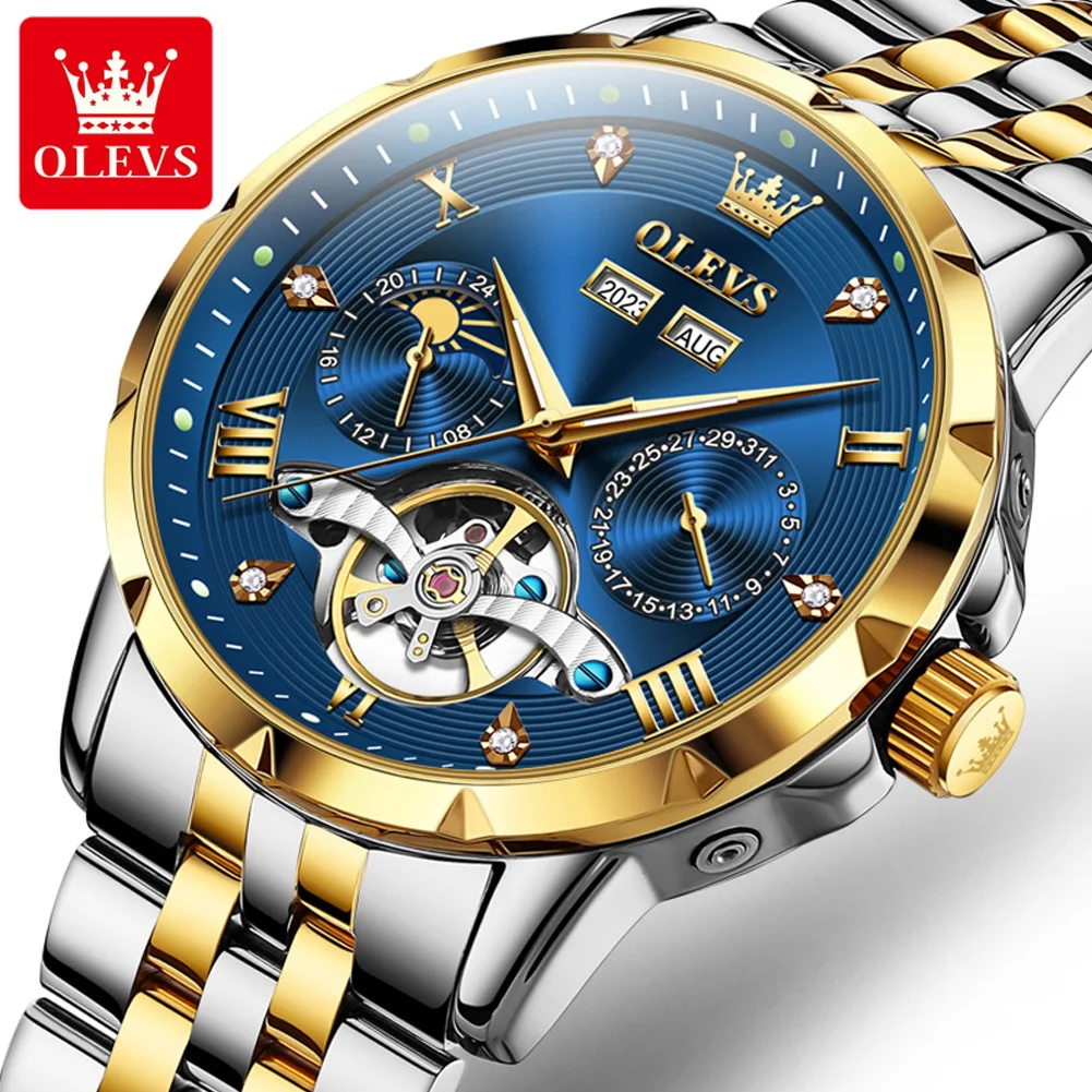 

OLEVS брендовые роскошные часы с турбийоном для мужчин, водонепроницаемые часы из нержавеющей стали с календарем, модные синие механические часы с фазами Луны, мужские