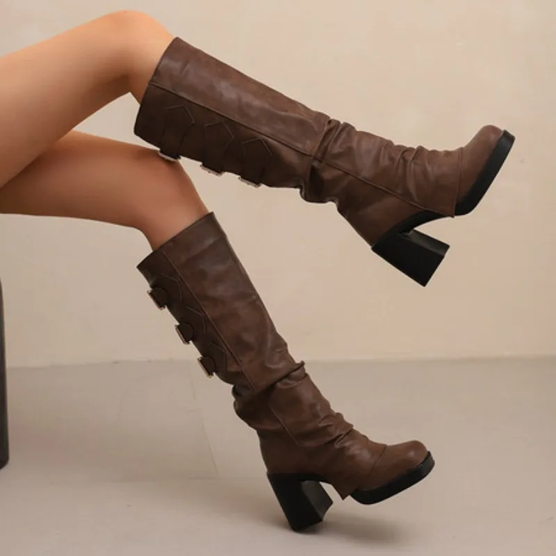 2025 New Design Female Knee High Boots Square Toe Block Heels 9cm Platform 2cm Slip on Belt Buckles Big Size 42 43 44