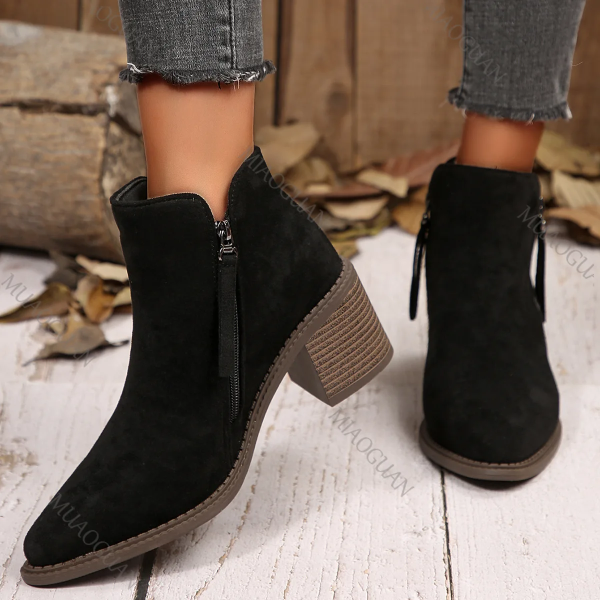 Autumn Suede Short Boots for Women Retro Pointed Head Thick High Heels Women's Ankle Boots Fashion Solid Side Zipper Botines