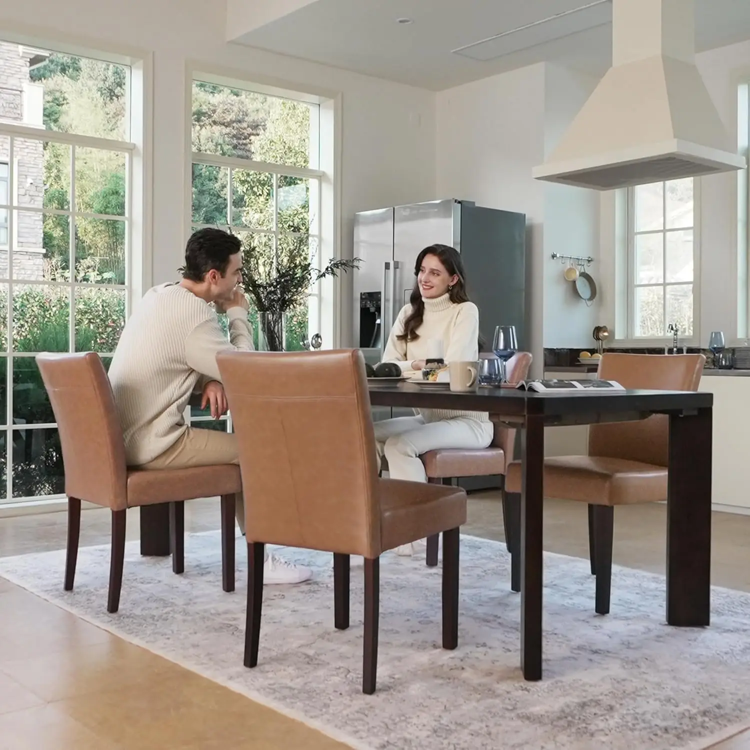 

Dining Room Chairs with Low Back, Faux Leather Armless with Wood Legs, Set of 2, Saddle Brown